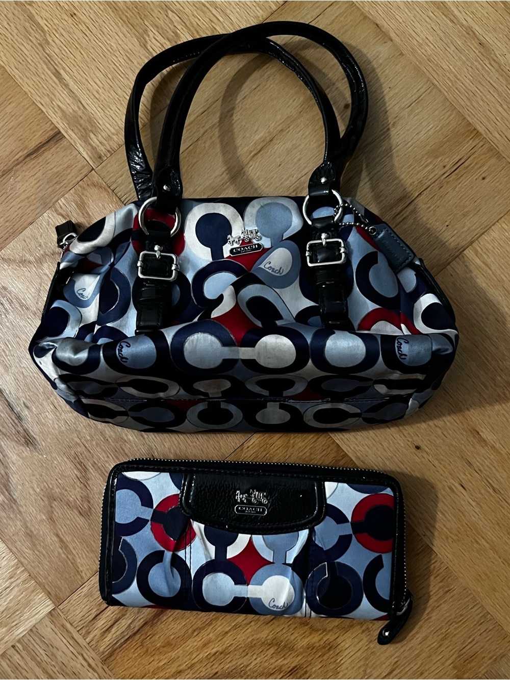 Coach Op Art Red, White, and Blue Small Shoulder Bag with Matching Wallet